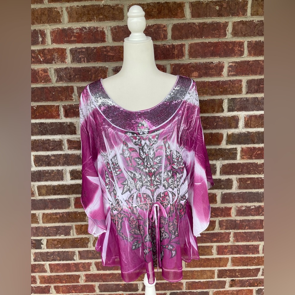 Cato Woman Plus Size Batwing Sleeve Sequin Neck Flowy Blouse Size 22/24W